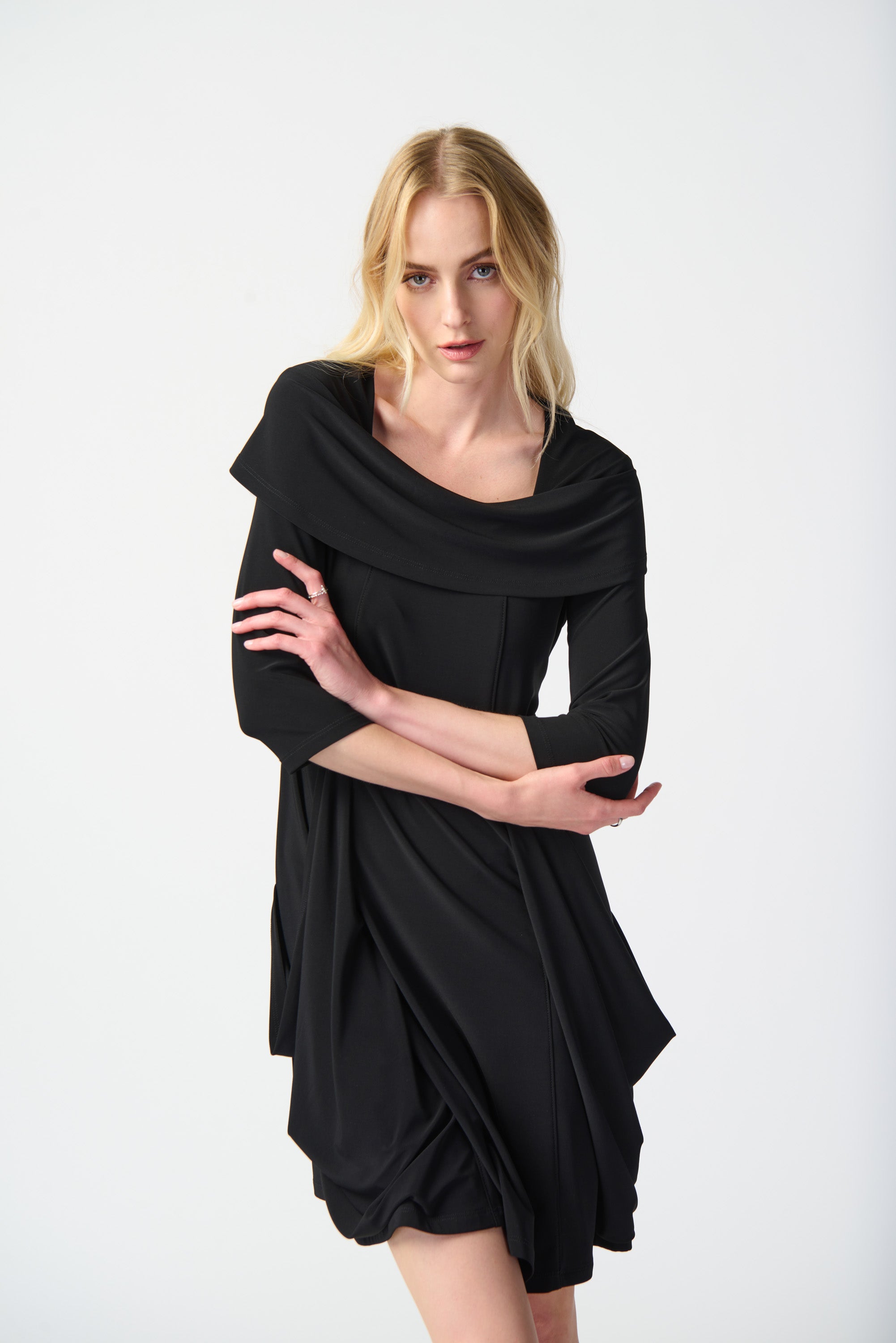 Black Silky Knit Cowl Collar Cocoon Dress