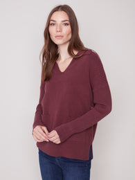 Port Wine Vneck Long Sleeve Collared Sweater